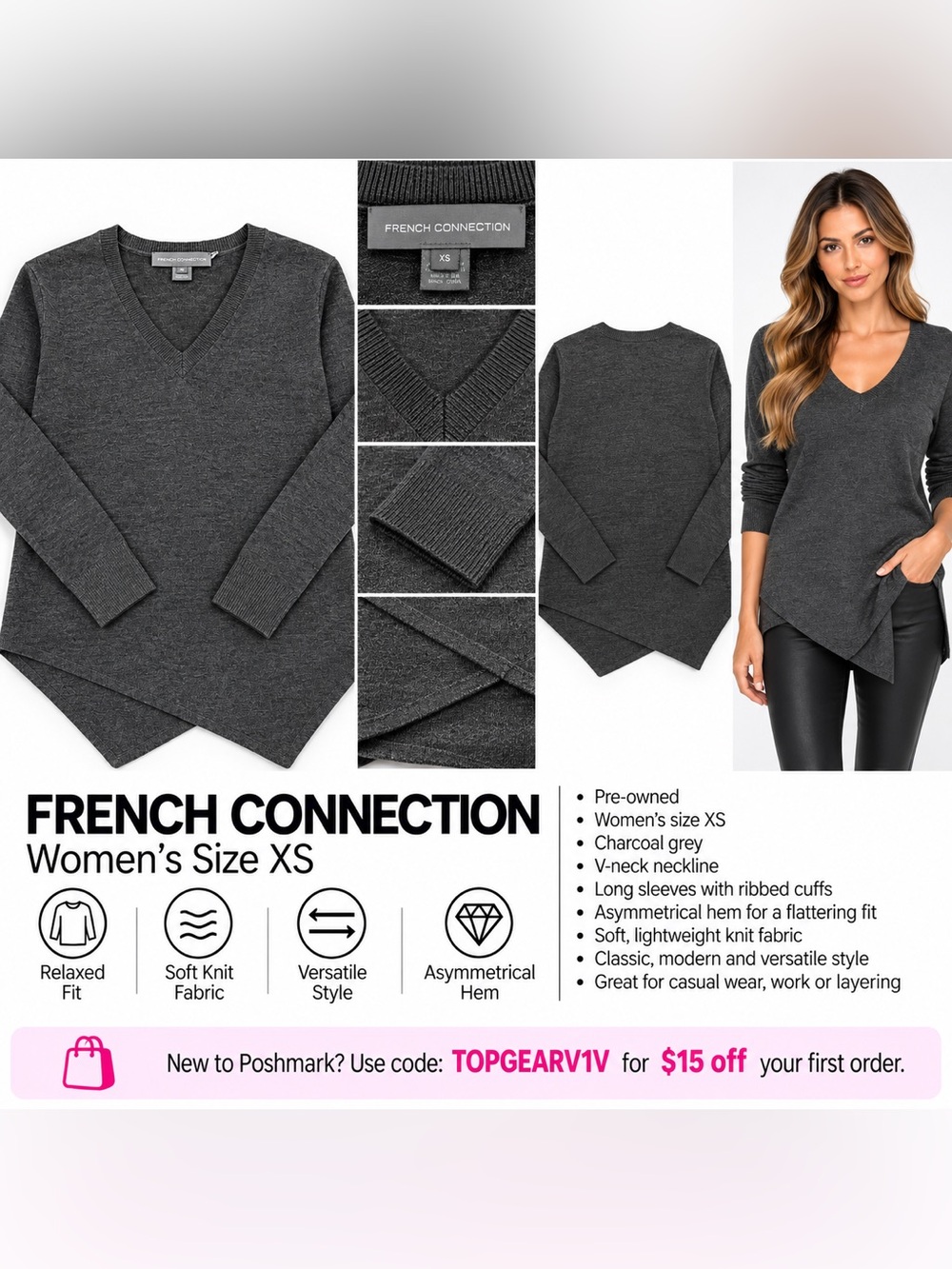 French Connection Men's Dark Gray V-Neck Sweater